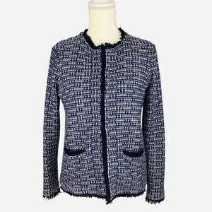 J. Crew Blue Silver Fringe Tweed Wool Blend Cardigan Sweater Jacket Women's M